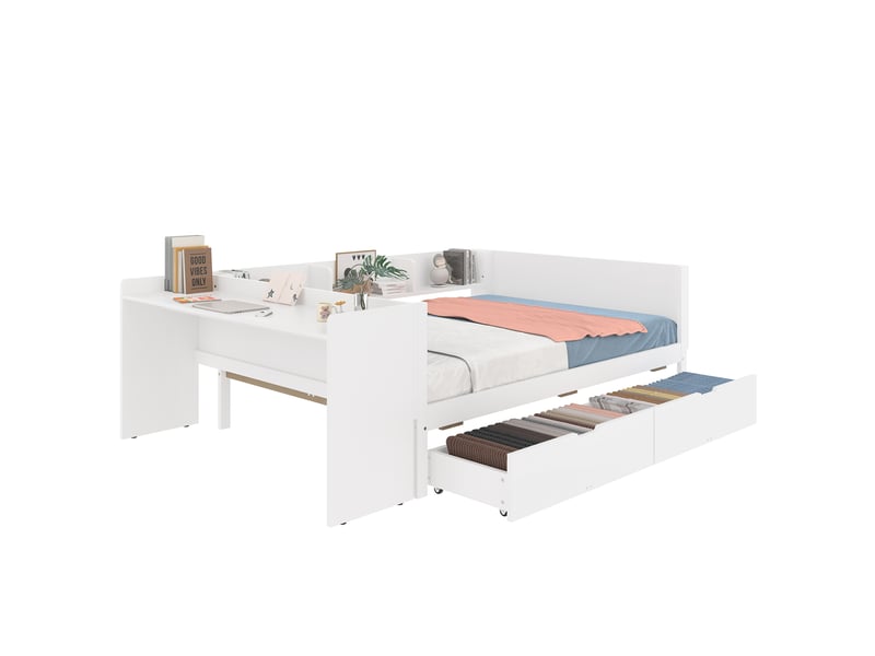 Lit 2 places 140x200 cm avec bureau et 2 tiroirs blanc - Conforama A