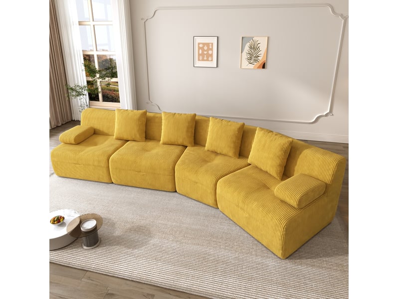 Canapé modulaire 4 places à modules combinables sans montage en velours côtelé jaune, 311 × 90 × 65 cm - Conforama B