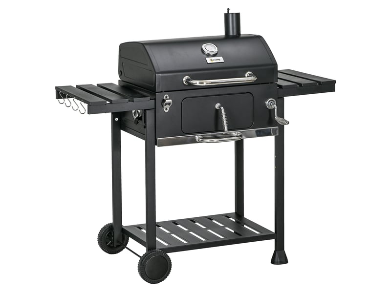  Barbecue fumoir à charbon de bois, avec thermomètre et ouvre-bouteille, 120 x 64 x 114 cm, noir  - Conforama A