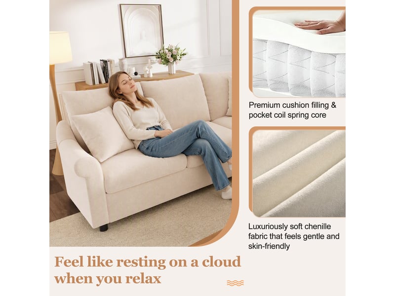  Canapé d'angle 5 places en forme de l 217x217x83 cm - avec 3 coussins décoratifs - tissu chenille - beige  - Conforama W