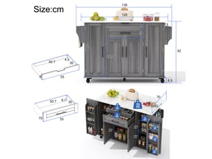 Îlot de cuisine mobile 136 × 4570 × 92 cm en mdf, plateau extensible, étagères réglables, tiroir caché et porte-serviette