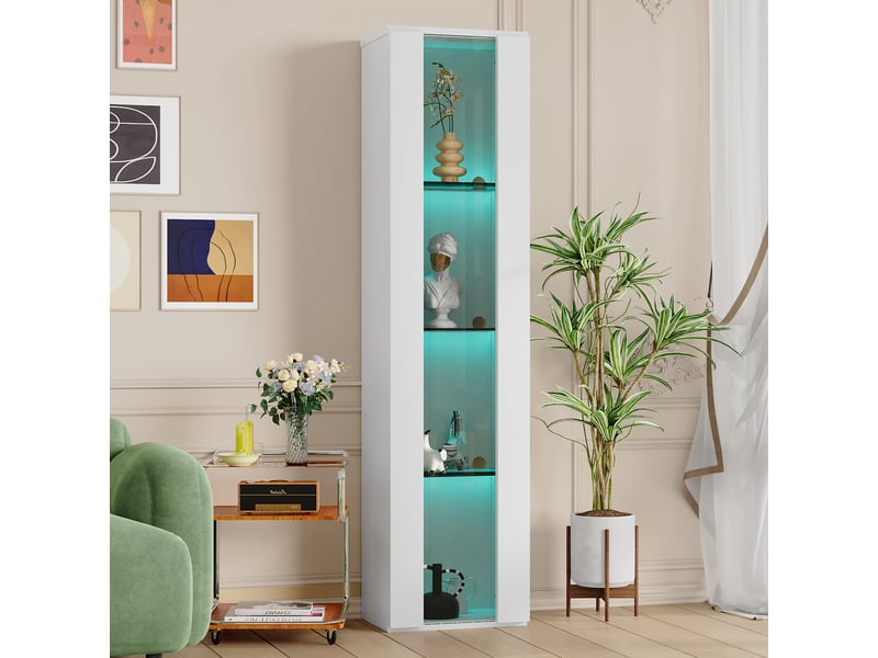  Vitrine blanche à 4 niveaux avec éclairage led connecté, 40 x 29 x 170 cm, panneaux acryliques  - Conforama E