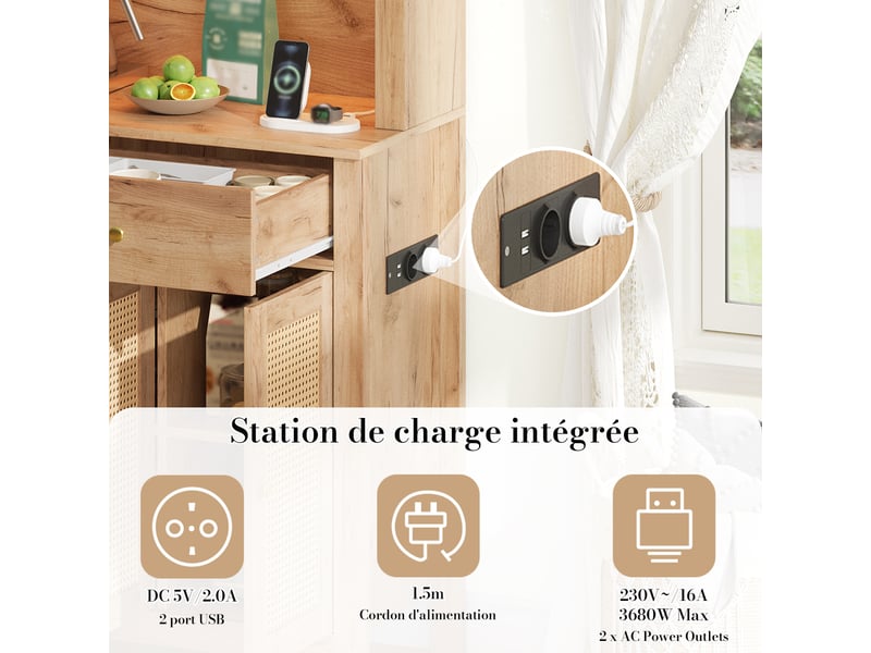  Meuble de cuisine muvano, buffet haut avec 5 portes et 2 tiroirs, éclairage led et prises intégrées  - Conforama E