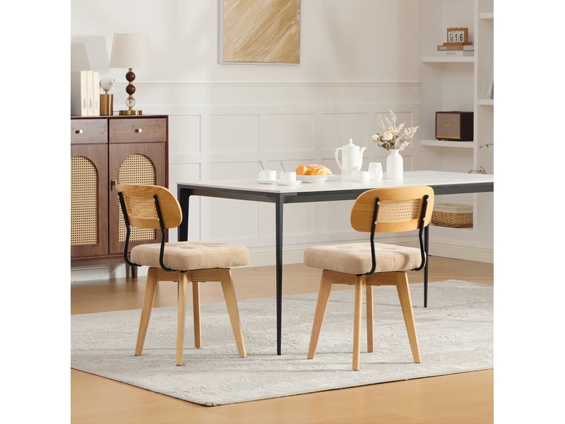  Chaise de salle à manger, lot de 2, pivotante à 360 degrés, dossier en rotin tressé, assise en chenille kaki  - Conforama D