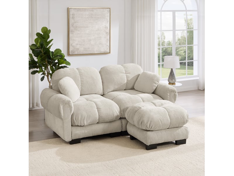  Canapé d'angle modulable 2 places 190×149×90 cm en chenille avec pouf mobile kaki clair chicfurn  - Conforama D