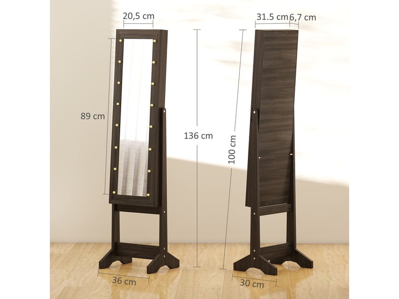  Armoire à bijoux, armoire de rangement sur pieds, boîte à bijoux avec miroir multi-rangements éclairage led marron foncé  - Conforama C