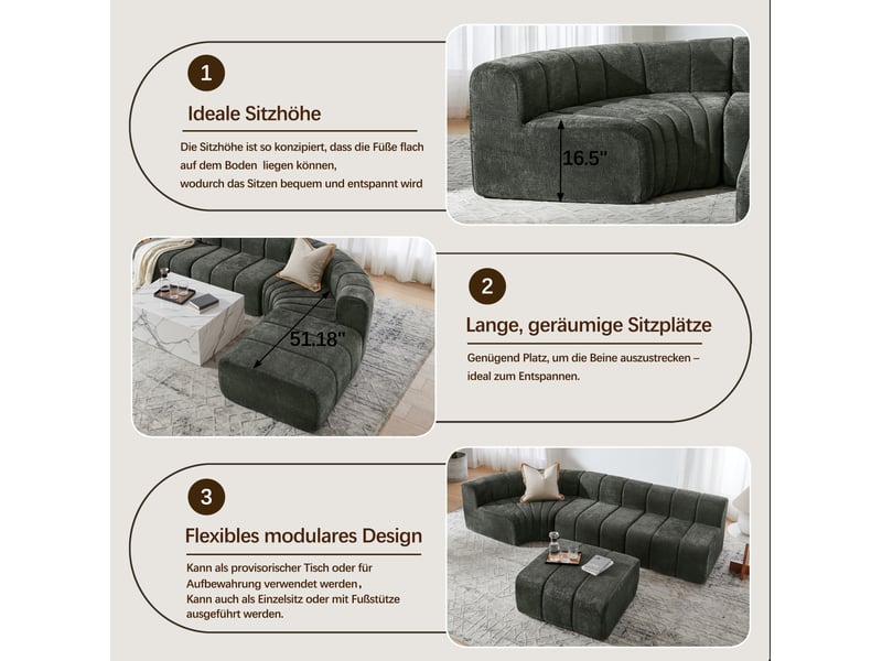 Canapé d'angle modulable compressé 4 places 283x198x64,7 cm, modules libres utilisables en pouf, table ou siège, chenille gris - Conforama E