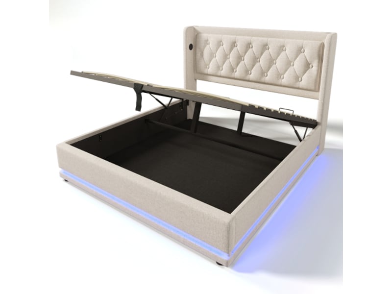  Lit coffre 160x200 cm, ports usb et type-c, avec lattes, en tissu, beige, matelas inclus  - Conforama E