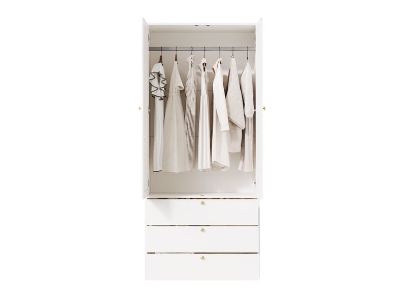  Armoire 2 portes à lamelles avec penderie et 3 tiroirs pour chambre en panneaux de particules blanc 90 × 50 × 200 cm  - Conforama A