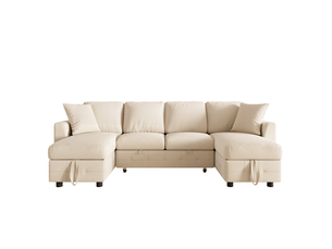 Canapé-lit u corda, beige, 260x128x82 cm, chenille, convertible, 2 méridiennes avec rangement, usb & type-c, 2 coussins