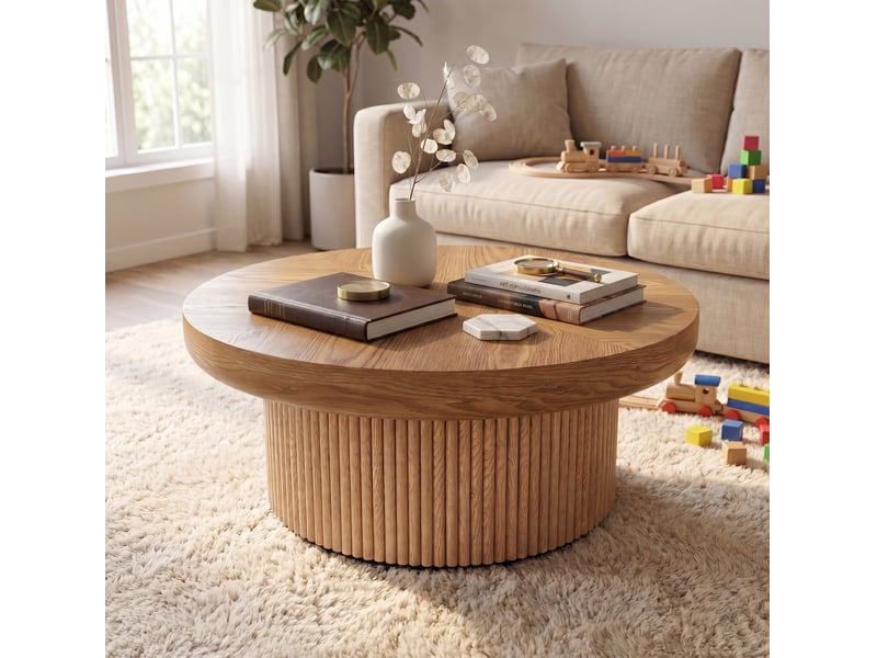  Table basse ronde à plateau épais 8cm en bois et mdf, coloris naturel  - Conforama D