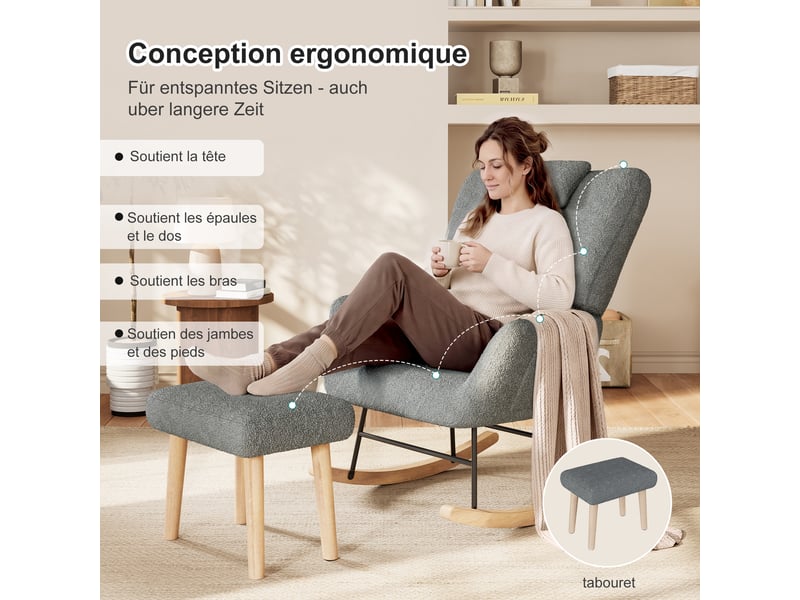  Fauteuil relax manuel velours avec repose-pieds gris  - Conforama C