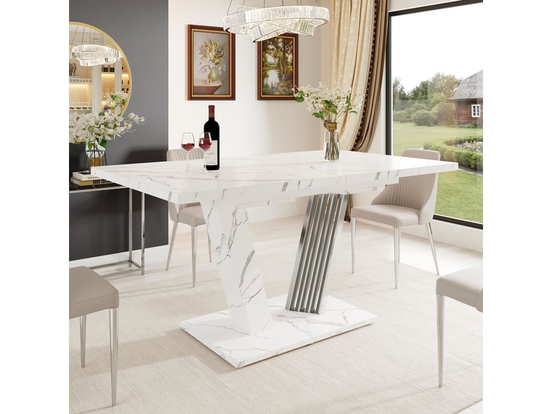 Table extensible avec plateau marbre 120-160x80x76 cm, table de cuisine blanc - Conforama R