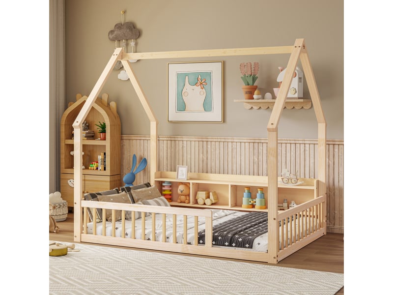 Lit cabane enfant 140x200 cm au sol avec toit maison, 4 niches de rangement, garde-corps de sécurité et large entrée, structure en pin et mdf, naturel - Conforama C