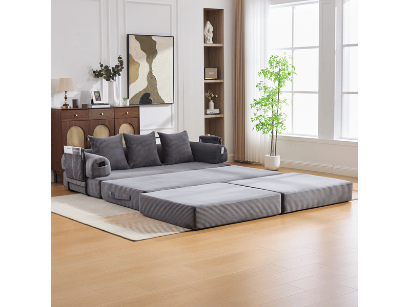  Canapé modulable modenvie 3 places avec pouf et coussins 200 x 190 x 67 cm velours côtelé gris foncé  - Conforama E
