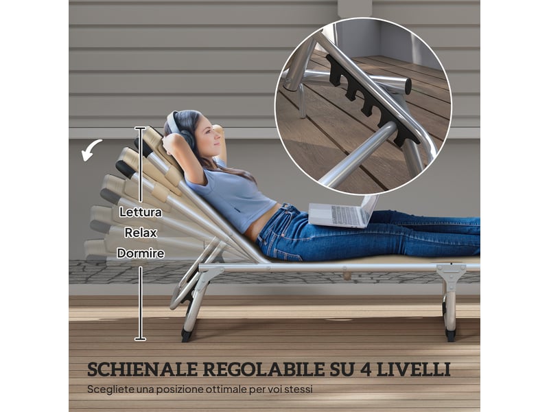  Chaise longue pliante en aluminium avec appui-tête et dossier réglables, 60 x 165 x 76 cm, beige  - Conforama E