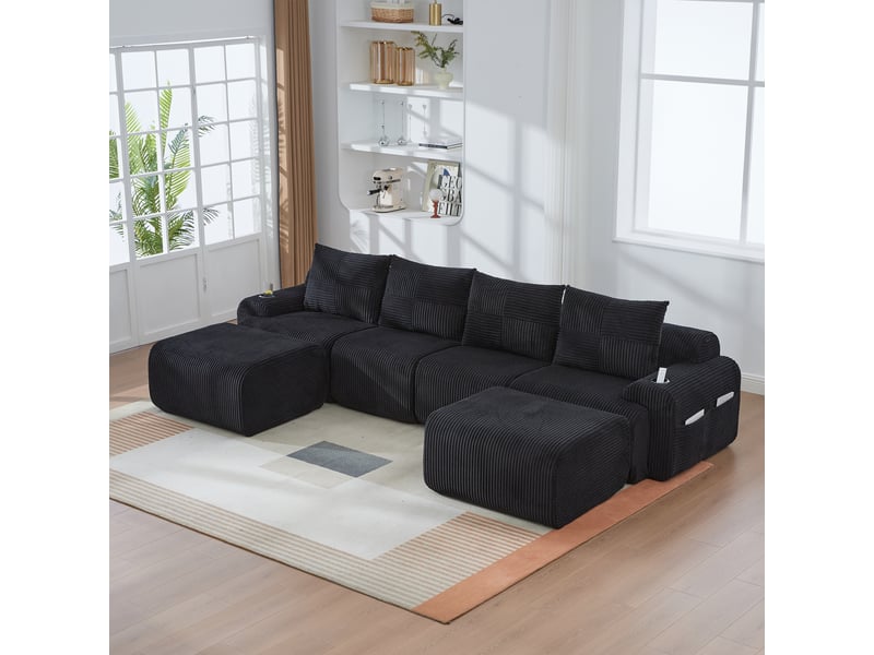 Canapé modulable 4 places noir en velours côtelé, avec 2 poufs, porte-gobelet et rangement, salon contemporain 333 x 174 x 80 cm - Conforama R