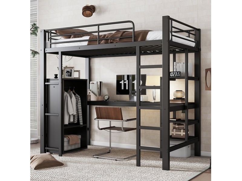  Lit superposé 90x200 cm avec bureau et rangement en métal et mdf noir  - Conforama B