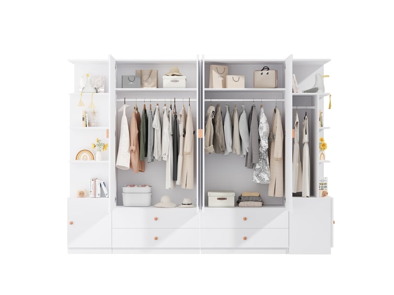 Armoire 6 portes blanche 270 x 45 x 200 cm avec 4 tringles et 4 tiroirs - Conforama A