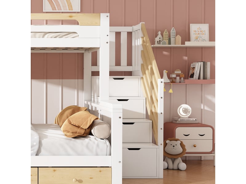  Lit superposé familial 90x200 ou 140x200 cm blanc et naturel, escalier rangement et 3 tiroirs  - Conforama E