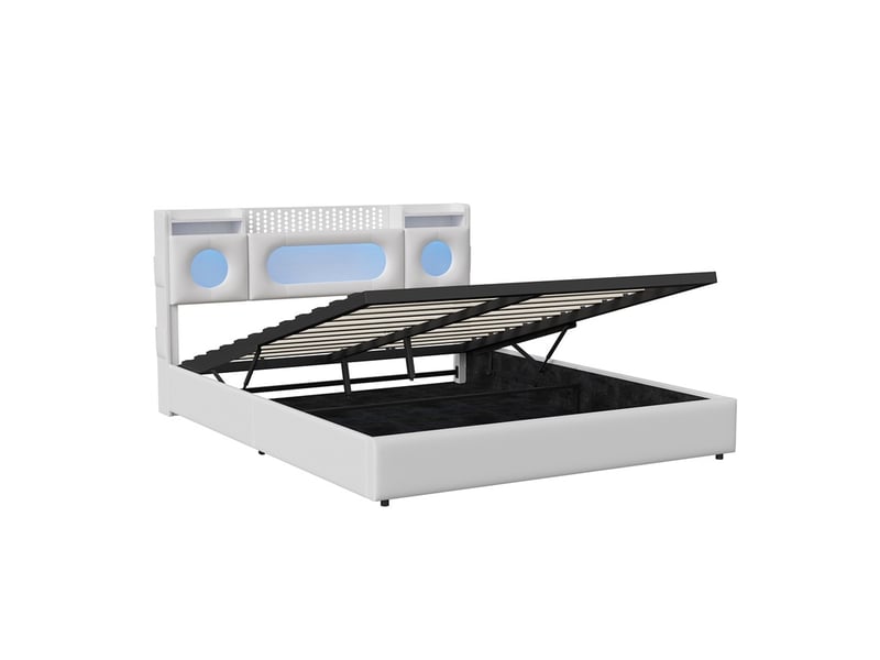Lit 160x200cm - lit coffre 160x200cm - sommier relevable, tête de lit à rangement, led rgb, ports usbtype-c et prise eu - blanc - Conforama A