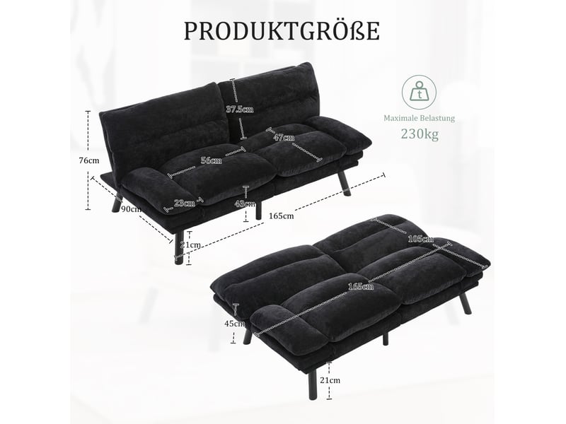  Canapé 2 places 165x90x76 cm dossier réglable accoudoirs ajustables mousse résiliente revêtement chenille noir  - Conforama C