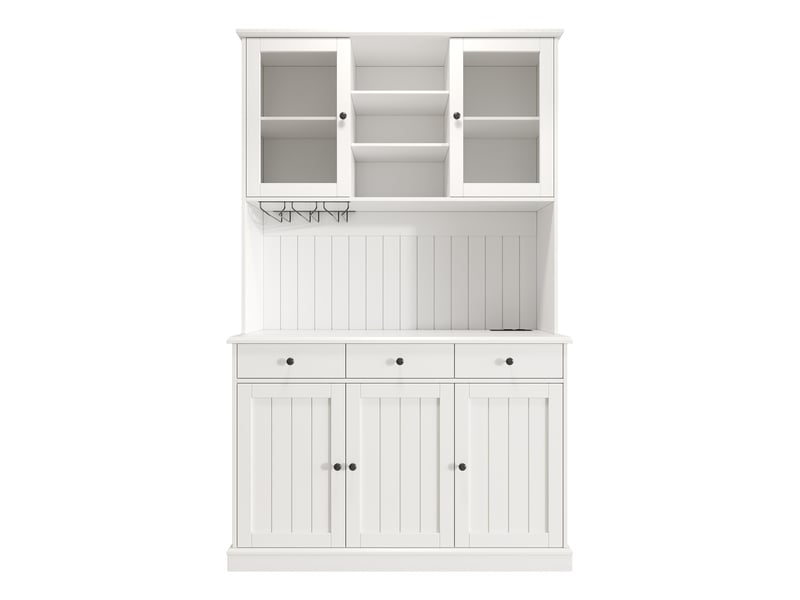  Buffet haut blanc avec portes vitrées, porte-verres, rangement, prises usb-cusb-a, poignées noires 120x40x191 cm  - Conforama A