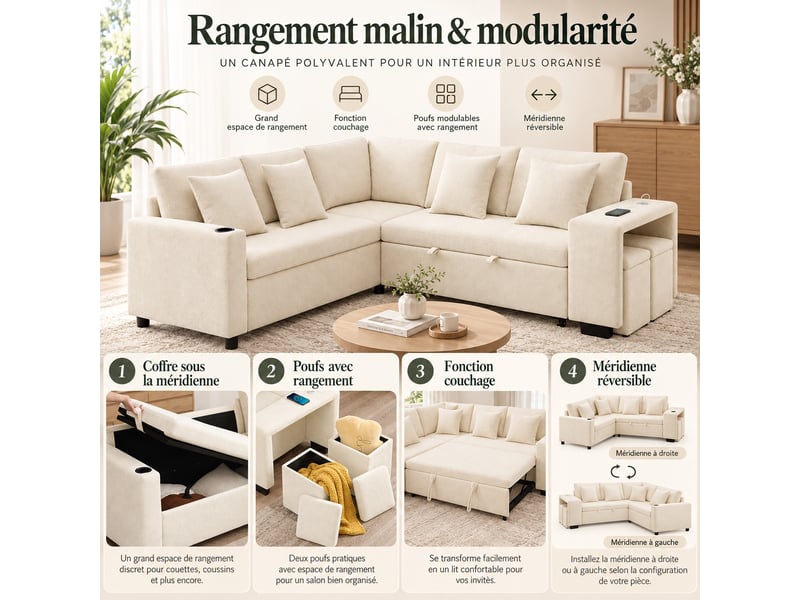  Canapé d'angle réversible convertible 5 places avec coffre, pouf, ports usb-c et porte-gobelets, chenille beige, 220 cm  - Conforama D