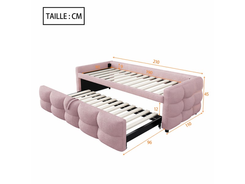 Lit banquette extensible 1 ou 2 places en tissu teddy rose, couchage 90x190 et 180x190 cm, sans matelas  - Conforama D