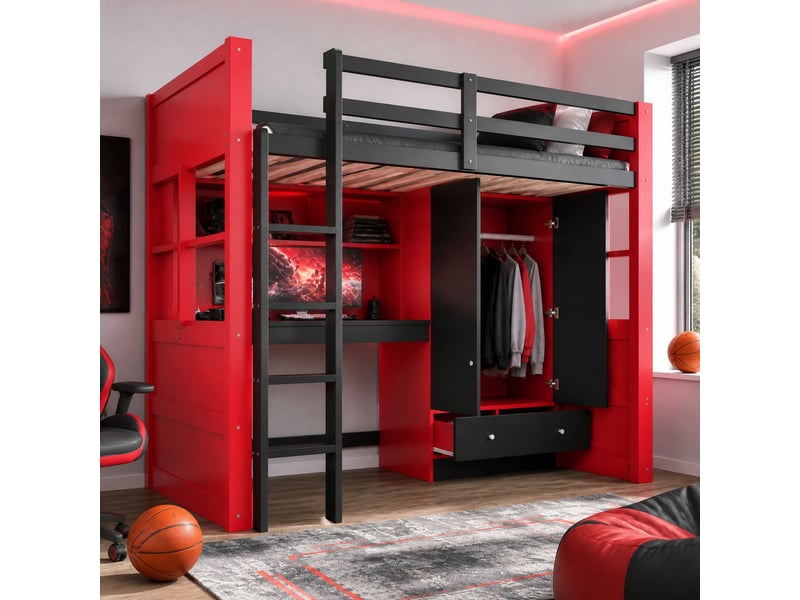 Lit mezzanine 90x200 cm avec bureau, armoire, tiroirs, led, noir et rouge - Conforama D