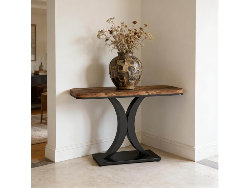  Console d'entrée industrielle avec plateau effet bois et piètement géométrique, en métal et bois, pour salon  - Conforama C