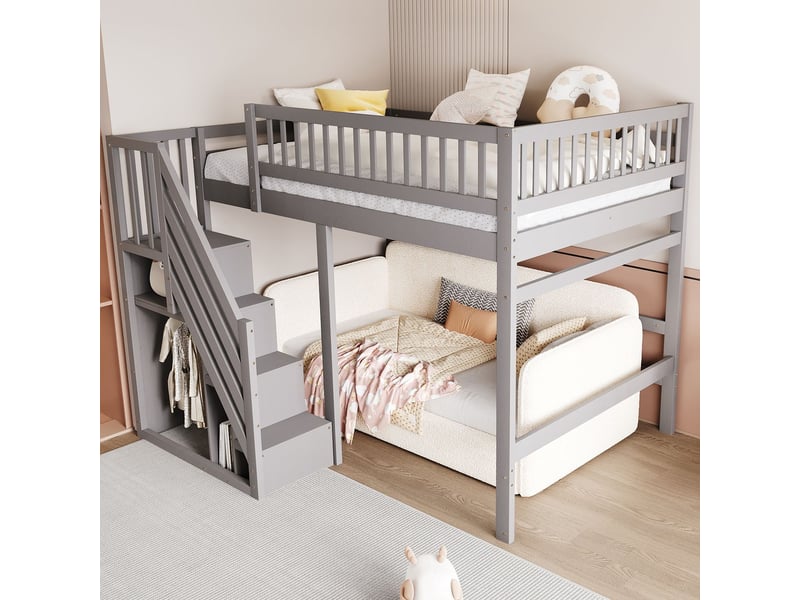  Lit mezzanine 140x200, structure bois massif sécurité renforcée, escalier rangements, bureau aménageable, gris  - Conforama B