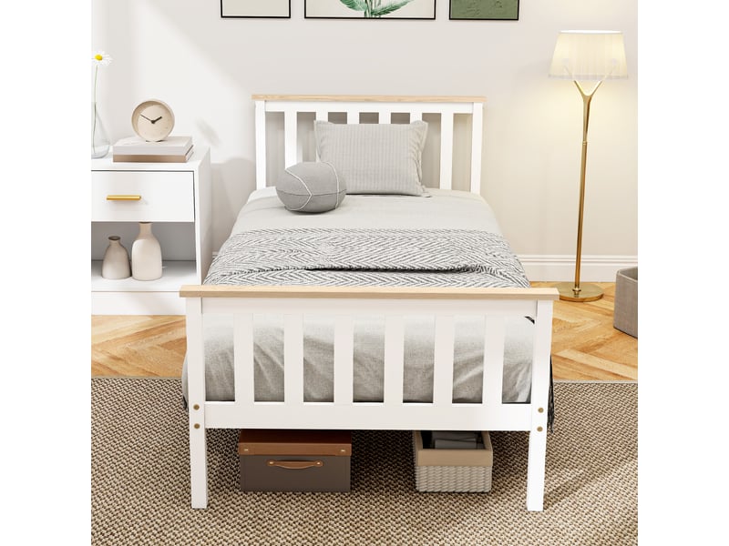  Cadre de lit simple en bois blanc et bois naturel, 90x200 cm, avec rangement sous le lit  - Conforama C