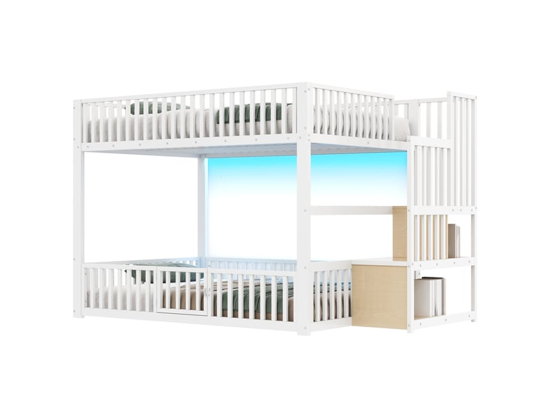 Lit superposé enfant 140x200 cm blanc avec escalier de rangement et led - Conforama A