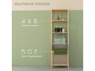Etagère de rangement pour salle de bain en bambou avec 44l x 33l x 160h cm 3 étagères et 1 panier à linge amovible