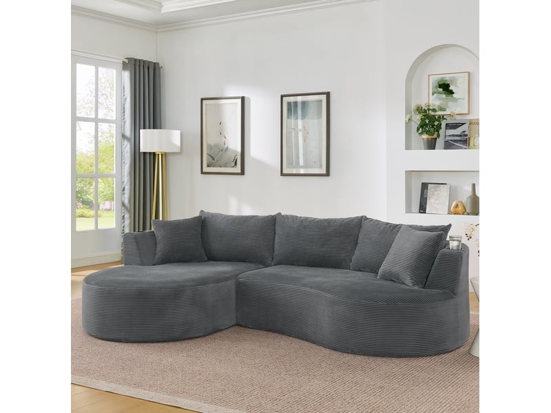  Canapé d'angle fixe 3 places avec méridienne gauche en velours côtelé gris 264 cm, porte-gobelets intégrés  - Conforama E
