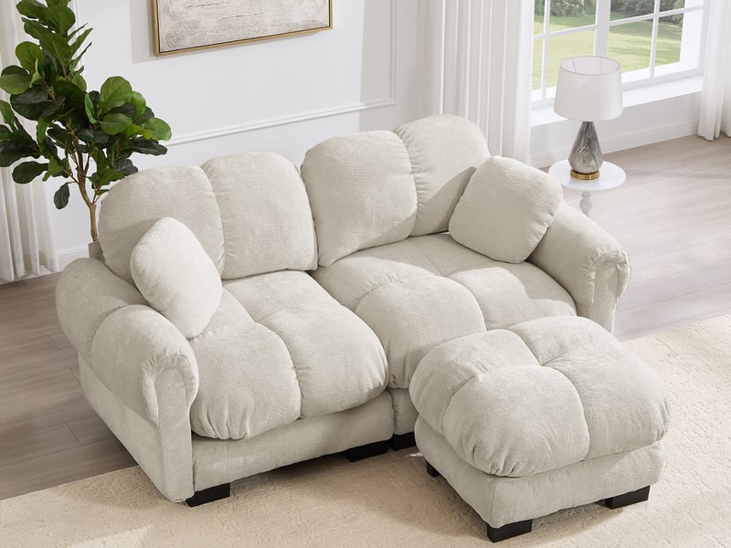  Canapé modulable d’angle 2 places avec ottomane en tissu beige  - Conforama B