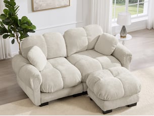 Canapé modulable d’angle 2 places avec ottomane en tissu beige