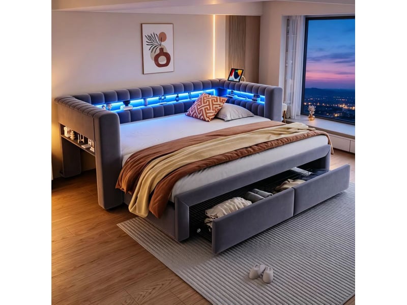  Couchage gigogne, 90x190 cm, 180x190 cm avec tiroirs, rangements, led, usb, matelas non inclus, velours, coloris gris  - Conforama D