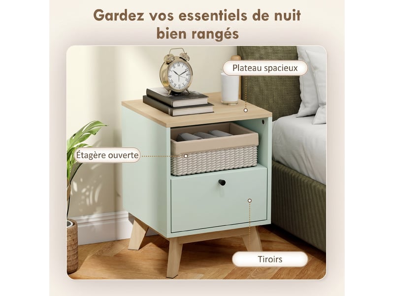  Lot de 2 tables de chevet, tables de nuit avec tiroir et compartiment ouvert, chêne et vert clair, 40 x 40 x 55 cm  - Conforama E