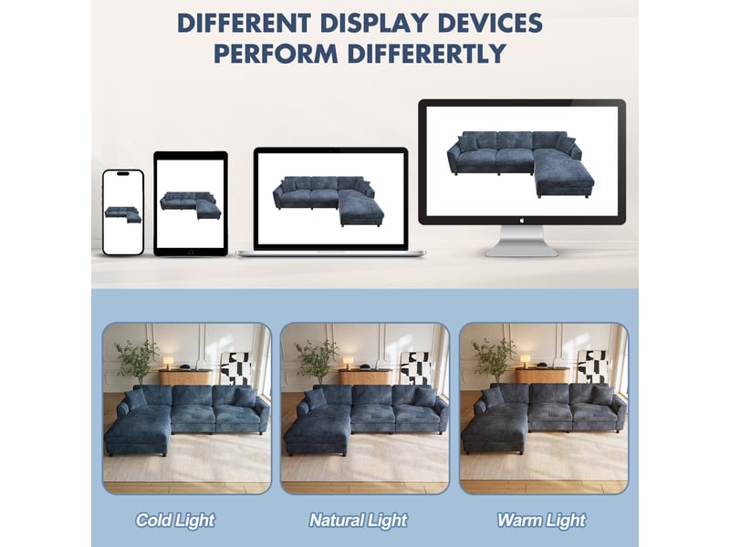  Canapé d’angle 3 places réversible avec méridienne  - assise 90 cm, chenille - bleu 256×137×79 cm  - Conforama E