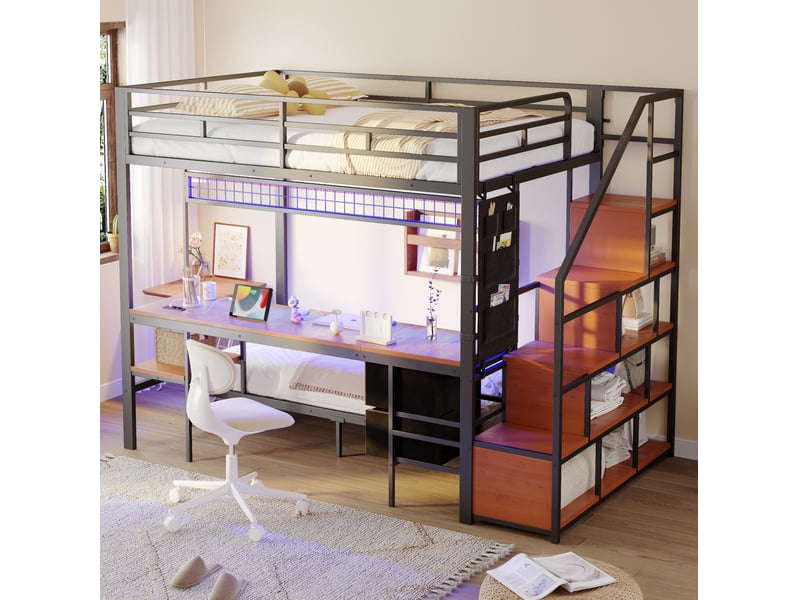 Lit mezzanine 247x144,5x170 cm avec bureau, led et rangements noir  - Conforama D