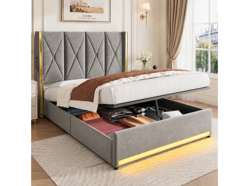  Lit coffre en velours 160 x 200 cm, gris foncé, tête de lit capitonnée, rangement hydraulique, ports usb type-c et led  - Conforama B