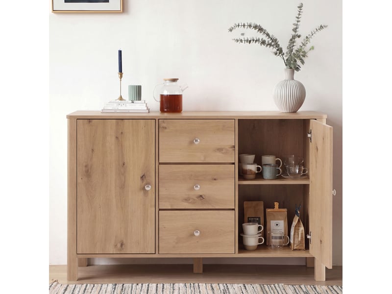  Buffet et enfilade avec 3 tiroirs et 2 portes, rangement polyvalent pour salle à manger, chêne, 120 × 40 × 80 cm  - Conforama B