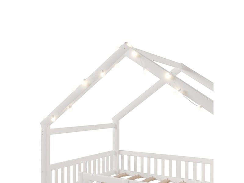  Lit cabane, 140 x 190 cm, lit pour enfant avec barrières, avec guirlande led, bois de pin, blanc  - Conforama E