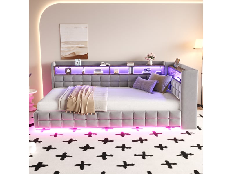 Lit coffre 90x200 cm - lit simple avec rangement hydraulique - tête de lit led, usb & type-c - étagères - gris - Conforama B