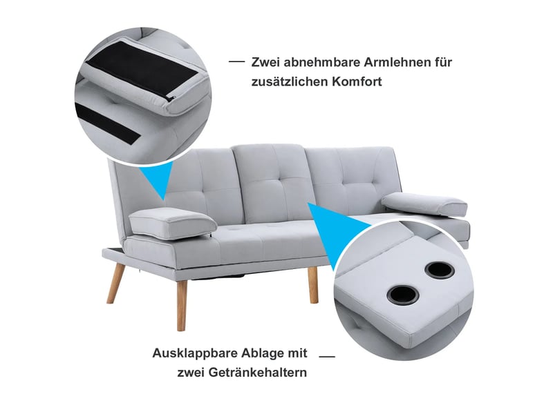 Canapé convertible, canapé-lit, gris clair, en lin, 3 places, 181 x 77 x 72 cm - Conforama E