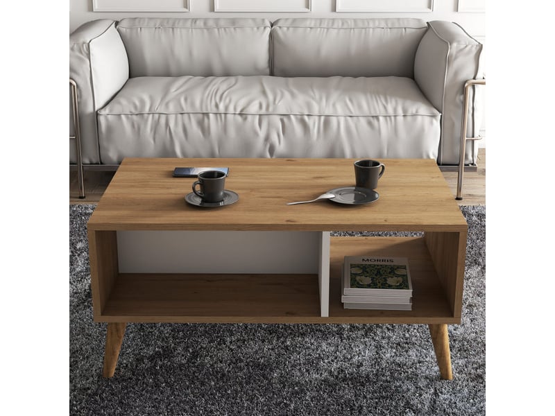 Table basse avec rangement décor chêne et blanc l 90 cm, 2 niveaux, pieds en bois - Conforama C