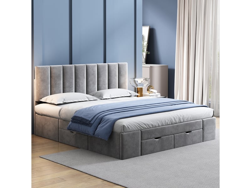  Modenvie lit capitonné 160x200 cm - 4 tiroirs, tête de lit réglable, sommier inclus - gris  - Conforama D
