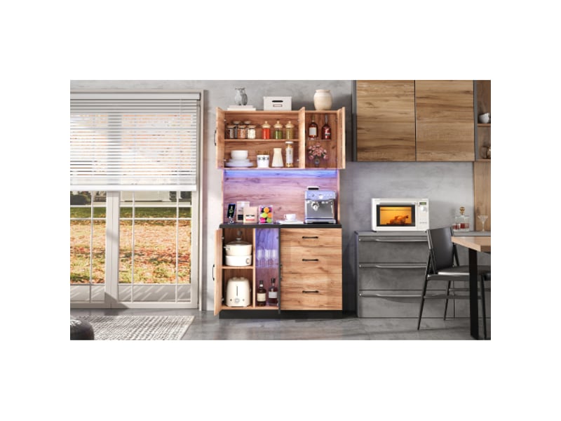 Colonne de cuisine noir effet bois led 105×40×180 cm, étagères réglables, prise européenne – cuisinesalle à manger - Conforama E